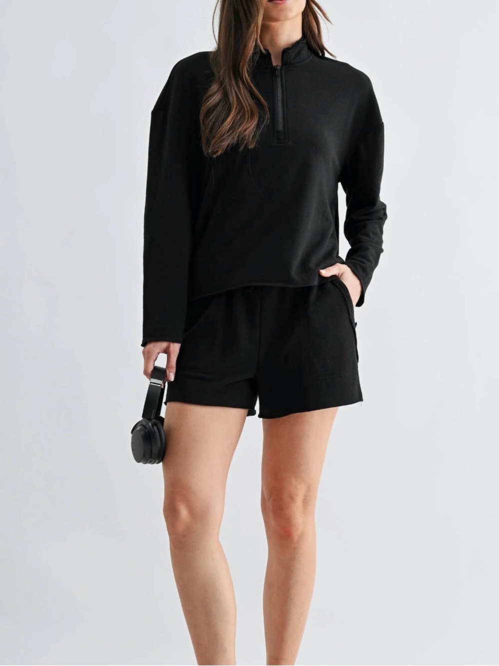 Black Zip-Neck Lounge Set - Top & Shorts